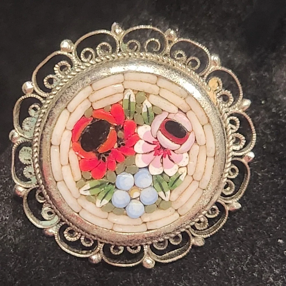 Italian Micro Mosaic Floral Brooch Silver‎ Tone Filigree Pin Made in Italy